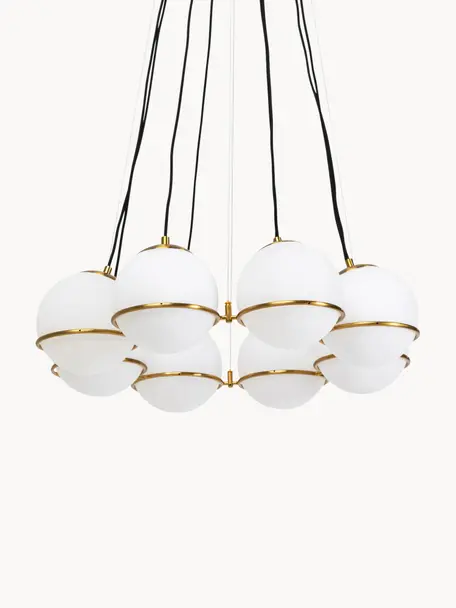 Lámpara de techo grande Globes, Anclaje: metal recubierto, Adornos: metal recubierto, Cable: plástico, Blanco, dorado, Ø 71 x Al 130 cm