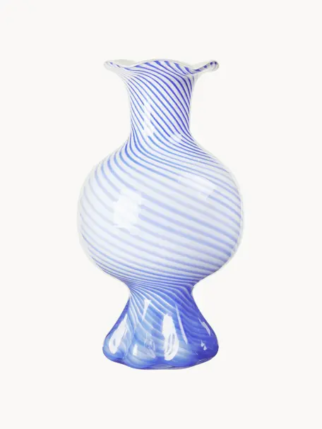 Vase en verre soufflé bouche Mella, Verre, soufflé bouche, Blanc, bleu, Ø 18 x haut. 30 cm