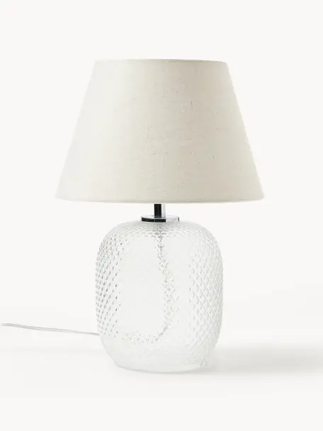 Kleine tafellamp Cornelia met een transparante glazen voet, Lampenkap: polyester, Lampvoet: glas, Beige, wit, Ø 28 x H 38 cm