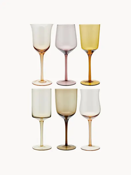 Sada ručně foukaných sklenic na víno v různých barvách a tvarech Diseguale, 6 dílů, Foukané sklo, Více barev, transparentní, Ø 7 cm, V 24 cm, 250 ml