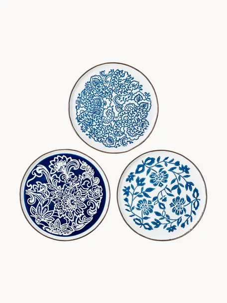 Set de platos postre artesanales Mole, 3 uds., Gres, Blanco, tonos azules, Ø 24 cm