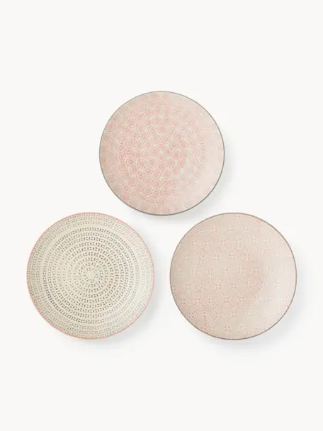 Komplet ręcznie wykonanych talerzy śniadaniowych Cécile, 3 elem., Kamionka, Odcienie beżowego, odcienie różowego, Ø 20 cm