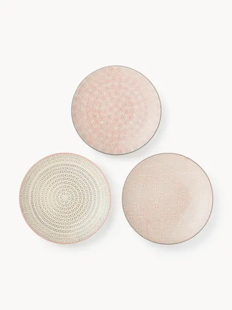 Platos postre pintados a mano con estampado divertido Cécile, 3 uds., Gres, Tonos beige y rosas, Ø 20 cm