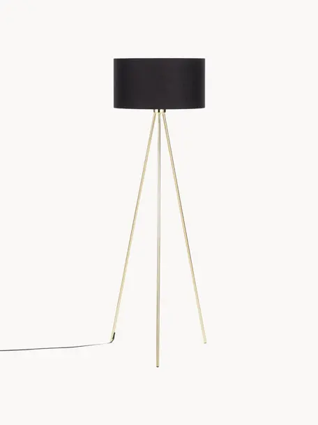 Lámpara de pie trípode Cella, Pantalla: mezcla de algodón, Cable: plástico, Negro, dorado, Al 147 cm