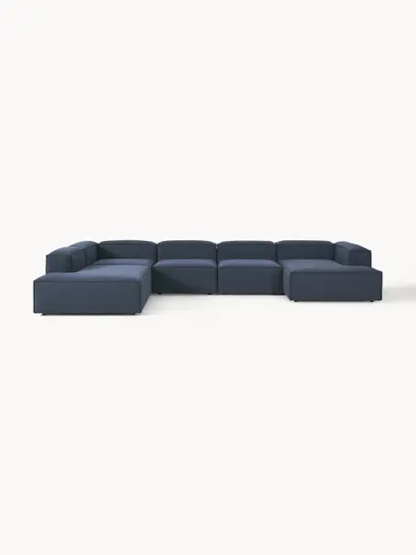 Sofa modułowa Lennon, Tapicerka: 100% poliester Dzięki tka, Stelaż: lite drewno sosnowe, skle, Nogi: tworzywo sztuczne Ten pro, Ciemnoniebieska tkanina, S 418 x G 269 cm,  lewostronna