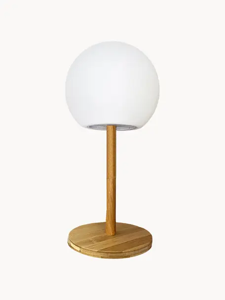Mobiele dimbare LED outdoor tafellamp Luny met bamboe voet, Lampenkap: polyethyleen, Lampvoet: bamboe, Wit, lichtbruin, Ø 13 x H 28 cm