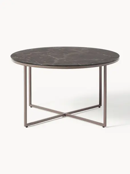 Mesa de centro redonda con tablero de vidrio en look mármol Antigua, Tablero: vidrio estampado en efect, Estructura: metal, latón, Aspecto mármol negro, gris oscuro, Ø 80 cm