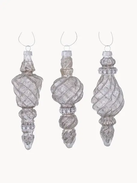 Kerstboomhangers Arela, set van 3, Gelakt glas, Zilverkleurig, Ø 6 x H 16 cm