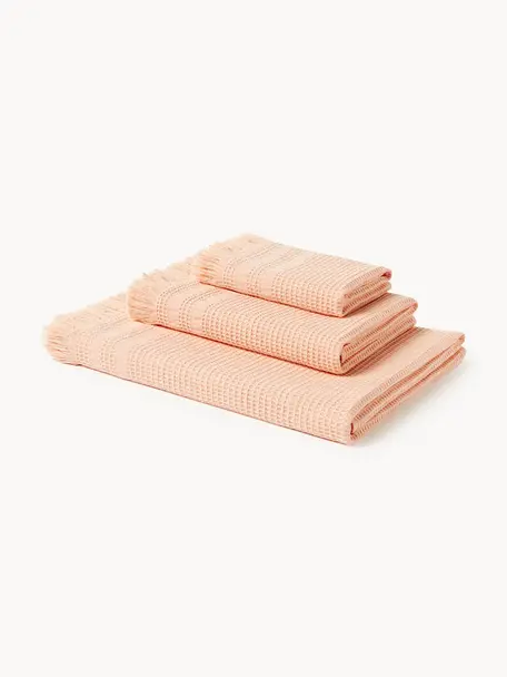 Súprava uterákov s vaflovou štruktúrou Yara, 3 ks, Broskyňová, 4-dielna súprava (uterák, osuška)