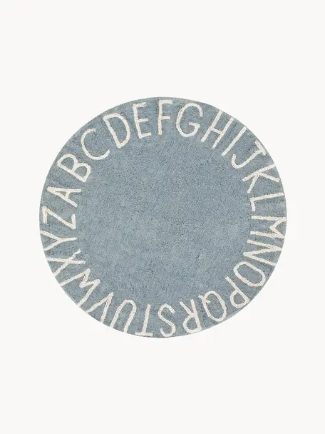 Runder Kinderteppich ABC mit Buchstaben Design, Recycelte Baumwolle (80% Baumwolle, 20% andere Fasern), Graublau, Ø 150 cm (Größe M)