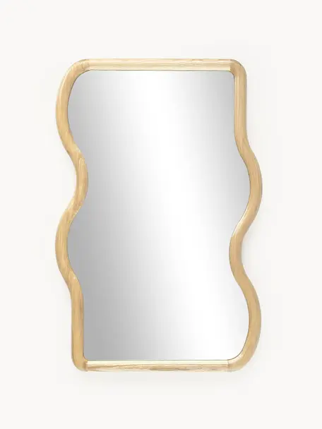 Wellenförmiger Wandspiegel Stream aus Holz, Rahmen: Eschenholz, Spiegelfläche: Spiegelglas, Rückseite: Mitteldichte Holzfaserpla, Beige, B 50 x H 75 cm