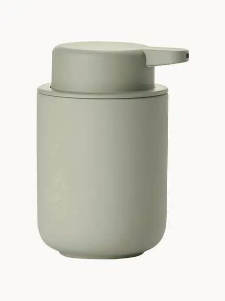 Distributeur de savon en grès à surface veloutée Ume, Vert sauge, Ø 8 x haut. 13 cm