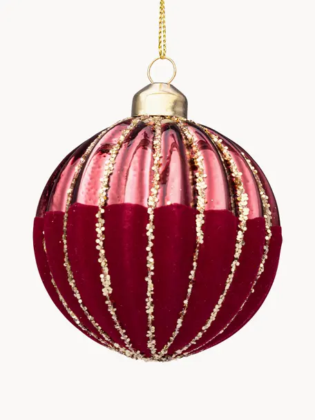 Weihnachtskugeln Segment, 12 Stück, Glas, Weinrot, Goldfarben, Ø 8 cm