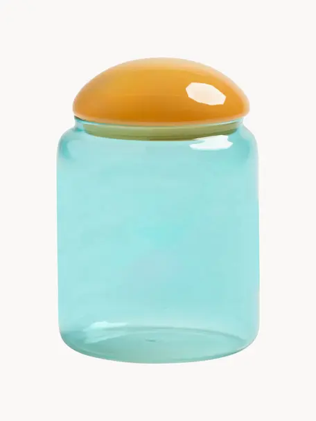 Ručne vyrobená úložná dóza Puffy, Borosilikátové sklo, Oranžová, tyrkysová, Ø 12 x V 18 cm