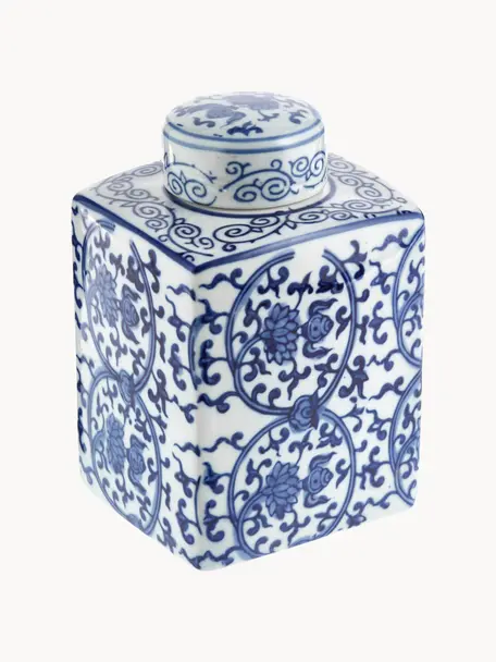 Vase en porcelaine avec couvercle Ella, haut. 17 cm, Porcelaine, Bleu, blanc, larg. 11 x haut. 17 cm