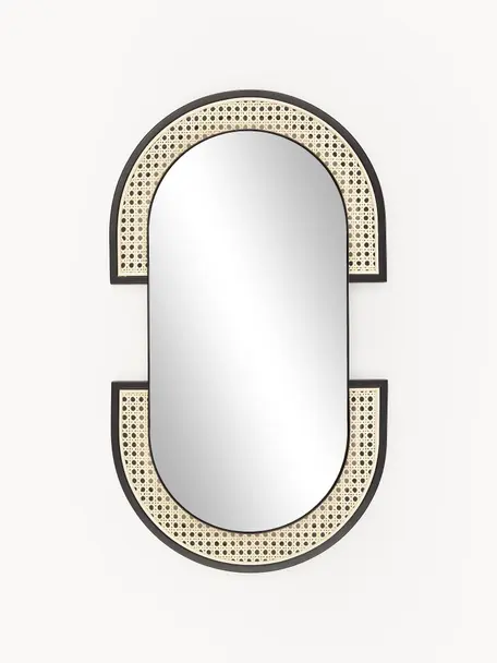 Ovaler Wandspiegel Esma mit Wiener Geflecht, Rahmen: Metall, Rattan, Rückseite: Mitteldichte Holzfaserpla, Spiegelfläche: Spiegelglas, Schwarz, Beige, B 43 x H 75 cm