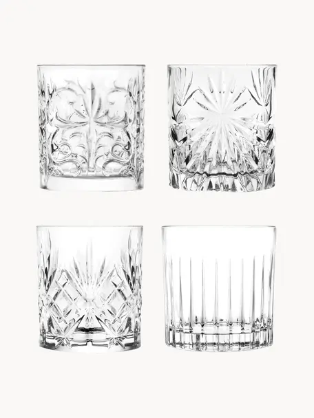 Vasos old fashioned de cristal con relieve Bichiera, 4 uds., Cristal, Transparente, Ø 8 x Al 9 cm, 310 ml