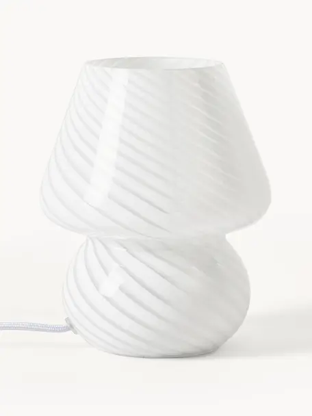 Lámpara de mesa pequeña de vidrio opalino Lareina, Lámpara: vidrio opalino, Cable: cubierto en tela, Blanco, Ø 15 x Al 19 cm