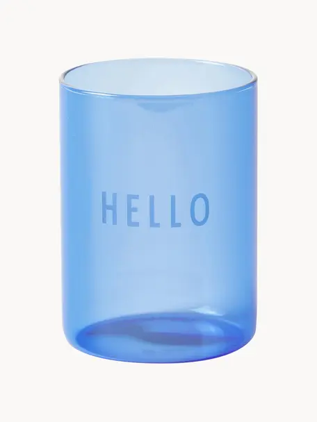 Designová sklenice s nápisem HELLO, Borosilikátové sklo, Modrá (Hello), Ø 8 x V 11 cm, 350 ml