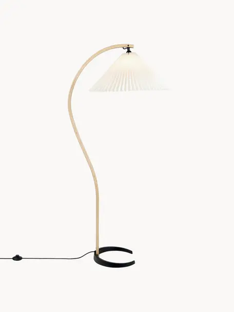 Verstelbare vloerlamp Timberline, Lampenkap: canvas, Lampvoet: bekleed ijzer, Wit, eikenhoutkleurig, H 152 cm