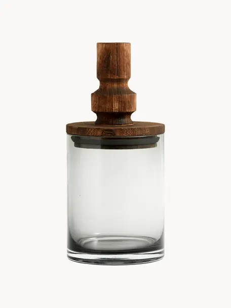 Handgemaakte opbergdoos Salvie, Houder: glas, Deksel: paulowniahout met silicon, Transparant, donker hout, Ø 10 x H 27 cm
