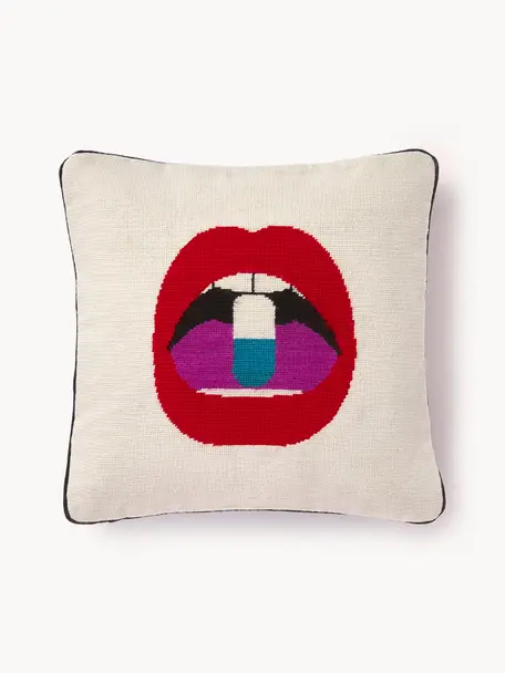 Cuscino decorativo in lana fatto a mano con motivo labbra Full Dose, Retro: velluto (100% cotone), Bianco latte, rosso, Larg. 45 x Lung. 45 cm