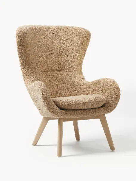 Fauteuil à oreilles en peluche pieds en bois Wing, Peluche brun clair, bois de bouleau, larg. 77 x prof. 89 cm