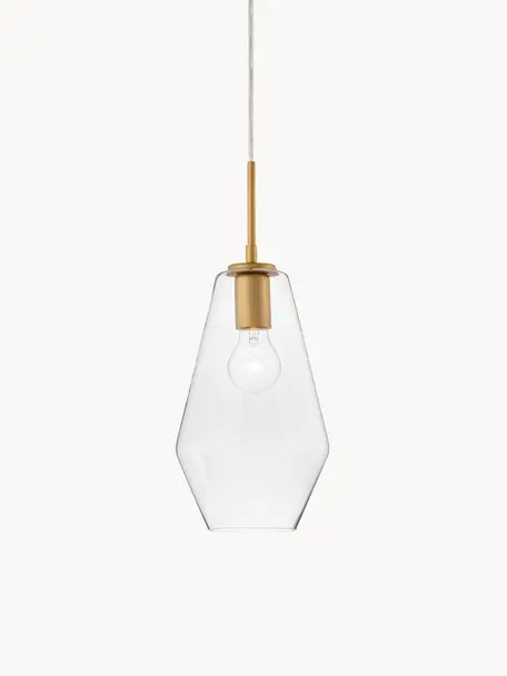 Kleine hanglamp Prisma van glas, Lampenkap: glas, Decoratie: gecoat aluminium, Messingkleurig, transparant, Ø 17 x H 40 cm