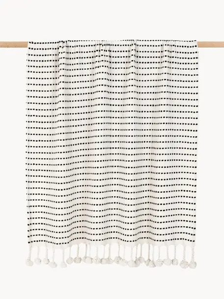 Baumwolldecke Molly im Streifendesign mit Pompoms, 100% Baumwolle, Schwarz, Cremeweiß, B 130 x L 170 cm