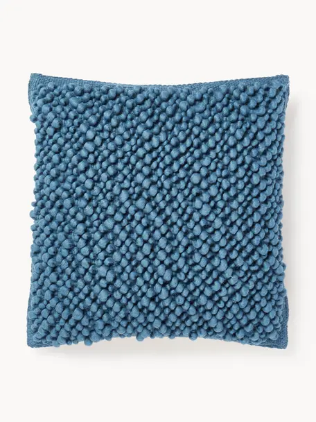 Housse de coussin en laine Loca, Bleu, blanc crème, larg. 50 x long. 50 cm