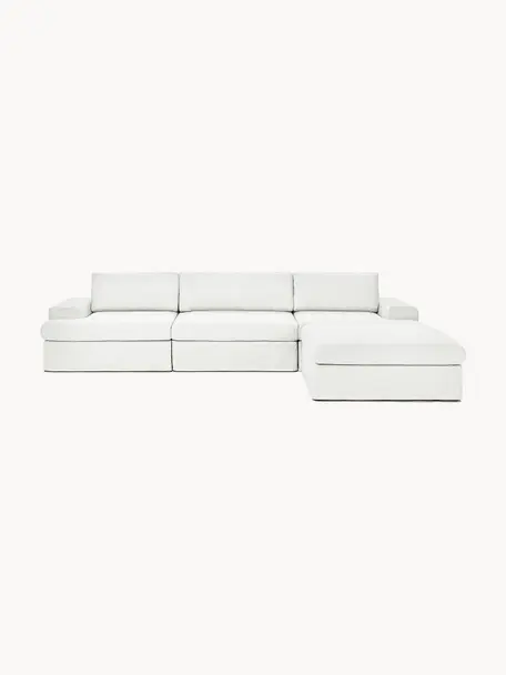 Sofa modułowa z pufem Russell (4-osobowa), Tapicerka: 100% bawełna Dzięki tkani, Stelaż: lite drewno sosnowe z cer, Nogi: tworzywo sztuczne, Tkanina w odcieniu złamanej bieli, S 309 x G 206 cm