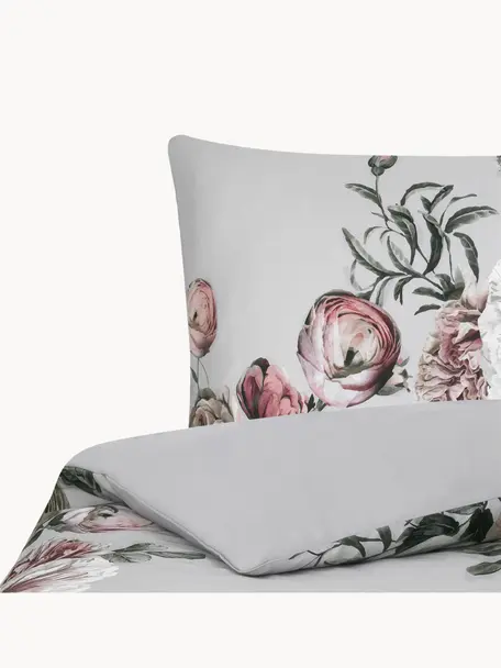 Biancheria da letto in raso di cotone Blossom, Grigio chiaro, multicolore, 155 x 200 cm + 1 federa 50 x 80 cm