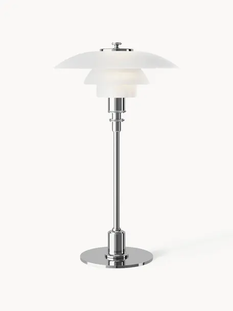 Kleine Tischlampe PH 2/1, mundgeblasen, Lampenschirm: Opalglas, mundgeblasen, Silberfarben, Weiß, Ø 20 x H 36 cm