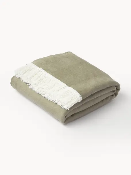 Plaid en coton avec franges Alya, 100 % coton

Le matériau est certifié STANDARD 100 OEKO-TEX®, 6457CIT, CITEVE, Vert olive, larg. 125 x long. 170 cm