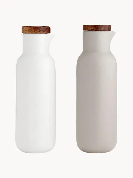 Azijn- en olie-dispenser Essentials van porselein en acaciahout, set van 2, Wit, lichtbeige, mat, Ø 6 x H 18 cm