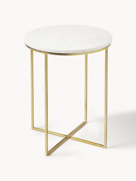 Table d'appoint ronde en marbre Alys, Blanc marbré, doré, Ø 40 x haut. 50 cm