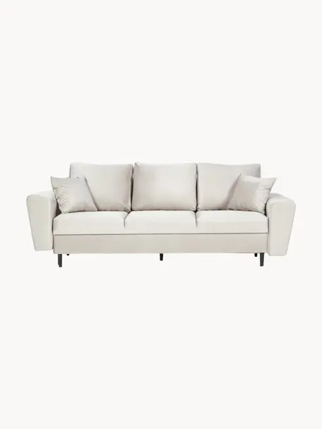 Sofá cama de terciopelo Moghan (3 plazas), con espacio de almacenamiento, Tapizado: terciopelo de poliéster A, Estructura: madera de pino maciza, ma, Patas: metal pintado, Terciopelo beige, An 235 x F 100 cm