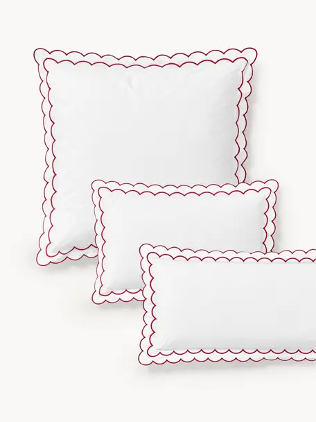 Federa in cotone percalle con bordino ricamato ondulato Atina, Bianco, rosso, Larg. 50 x Lung. 80 cm