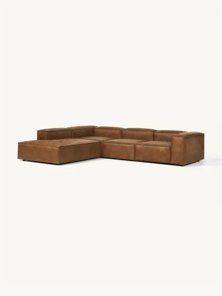 Narożna sofa modułowa XL ze skóry z recyklingu Lennon, Tapicerka: skóra z recyklingu (70% s, Stelaż: lite drewno, sklejka, Nogi: tworzywo sztuczne, Brązowa skóra, S 329 x G 269 cm, lewostronna