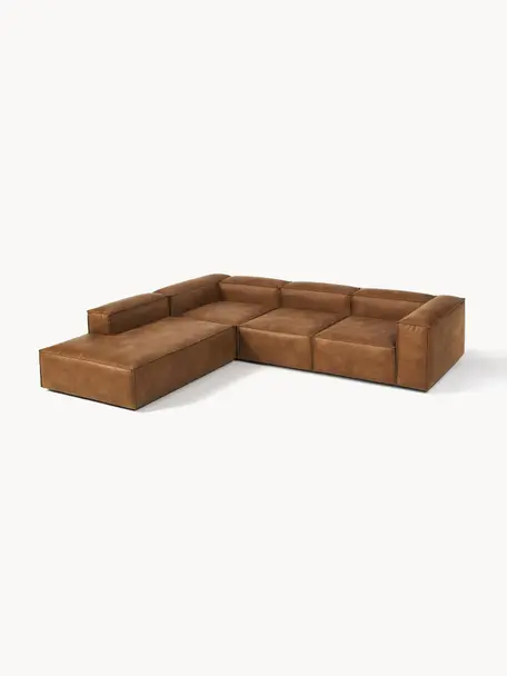 Narożna sofa modułowa XL ze skóry z recyklingu Lennon, Tapicerka: skóra z recyklingu (70% s, Stelaż: lite drewno, sklejka, Nogi: tworzywo sztuczne, Brązowa skóra, S 329 x G 269 cm, lewostronna