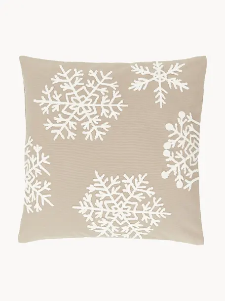Copricuscino ricamata color taupe Snowflake, 100% cotone, Taupe, Larg. 45 x Lung. 45 cm