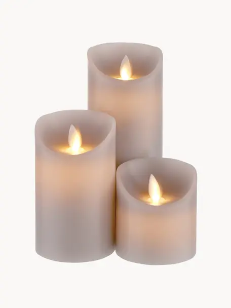 Set 3 candele a LED Glowing Flame, Paraffina, plastica, Grigio, Set in varie misure