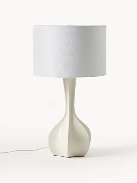 Grote tafellamp Kash met keramische voet, Lampenkap: linnen, Lampvoet: keramiek, Wit, gebroken wit, Ø 38 x H 68 cm