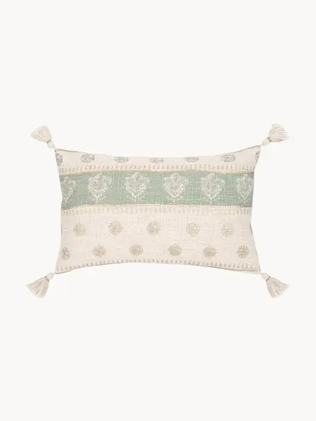 Poszewka na poduszkę z chwostami Jasmine, 100% bawełna, Beżowy, szałwiowy zielony, odcienie złotego, S 30 x D 50 cm