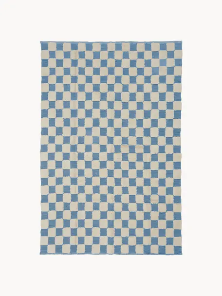Handgewebter Teppich Penton mit Hoch-Tief-Effekt, 100 % Baumwolle, Cremeweiss, Blau, B 170 x L 240 cm (Grösse M)
