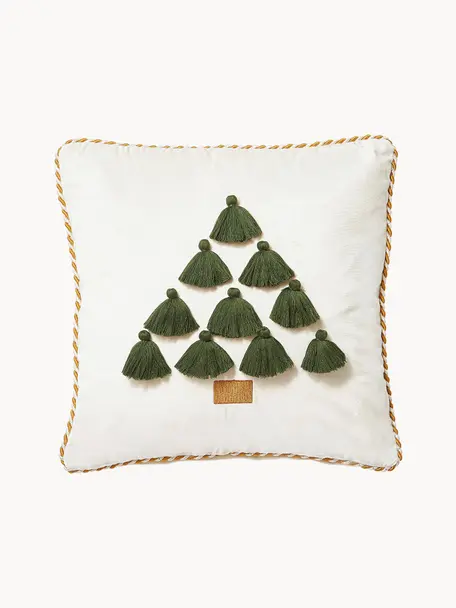 Sametový povlak na polštář s vánočním motivem a střapci Skyler, Krémově bílá, zelená, Š 45 cm, D 45 cm