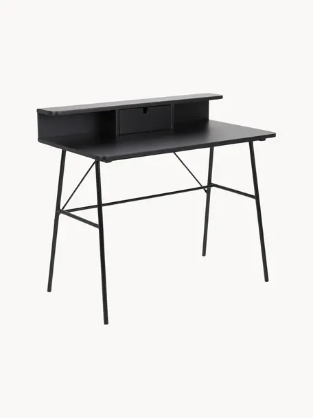 Schreibtisch Pascal mit Schublade, Beine: Metall, lackiert, Tischplatte und Aufbau: Mitteldichte Holzfaserpla, Schwarz, B 100 x T 55 cm