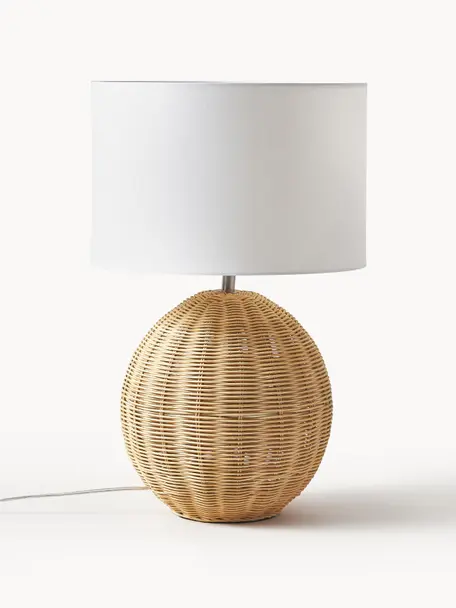 Grote tafellamp Magnus met rotan voet, Lampenkap: textiel (100% polyester), Lampvoet: 100% rotan, Wit, lichtbruin, Ø 32 x H 51 cm