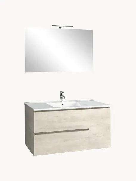 Set lavabo Flam 4 pz, Lampada: alluminio, rivestito, Superficie dello specchio: vetro a specchio, Effetto legno di quercia, Set in varie misure