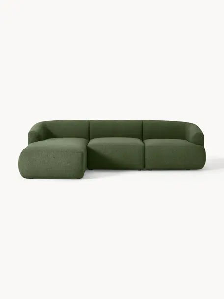 Canapé d'angle modulable 3 places en tissu bouclé Sofia, Bouclé vert foncé, larg. 272 x prof. 160 cm, méridienne à gauche